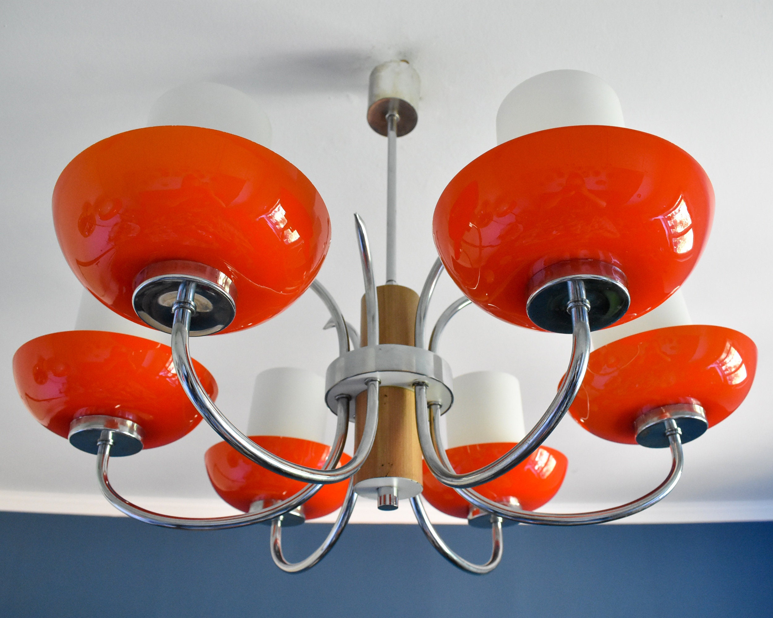 Mid Century Orange Opaline Glass Chandelier - Six Arm Vintage