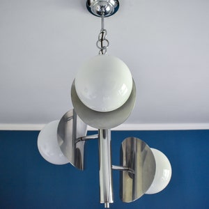Space Age Chrome Chandelier / Chromed Three Arm Chandelier with Three Glass Globes / Mid Century Lighting / Atomic Ceiling Light / 70s