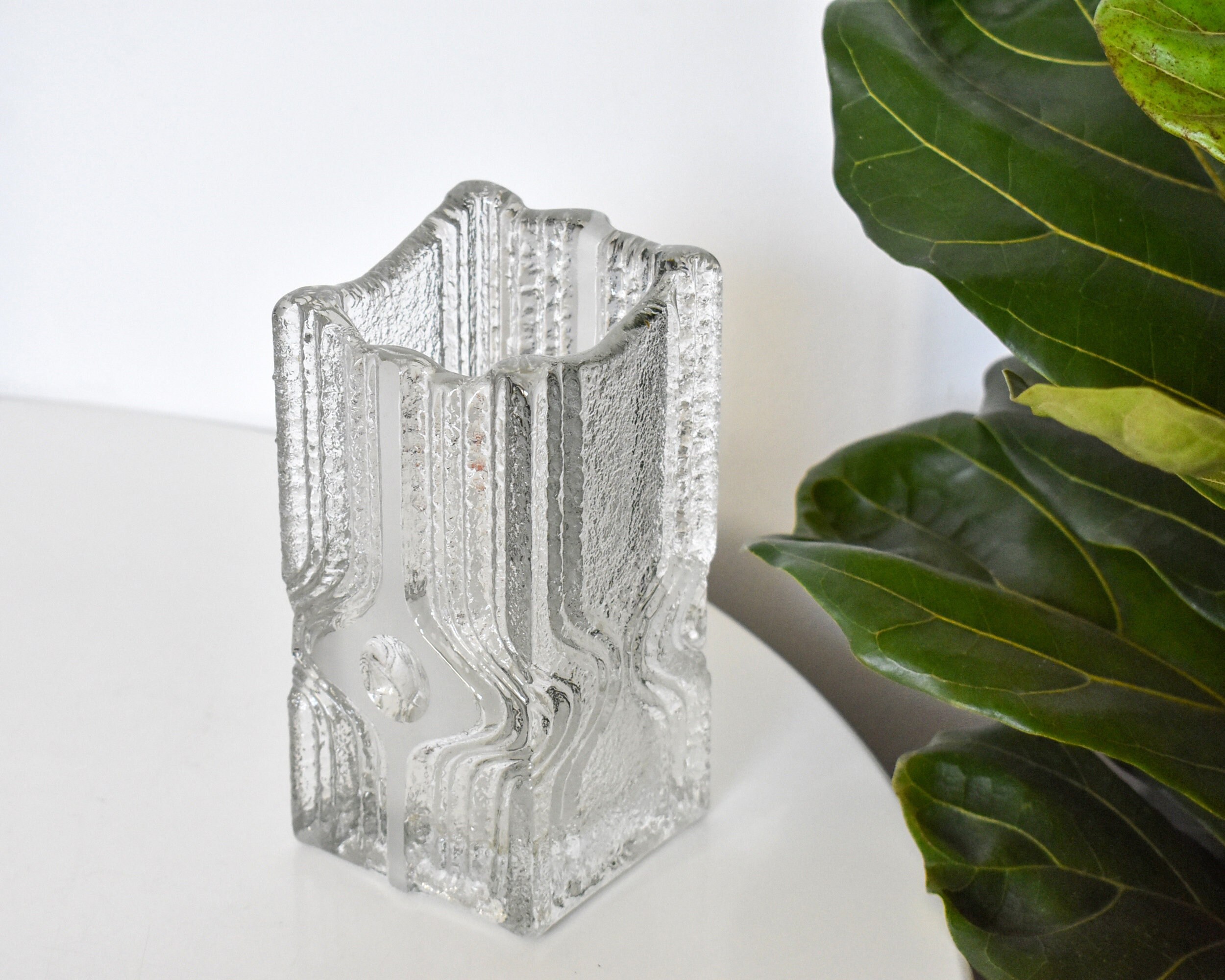 Vintage Walther Ice Glass Vase Designed by Heiner Düsterhaus / Vintage Frosted Glass Vase / Op Art / Asymmetric Vase / Retro Square Vase 60s