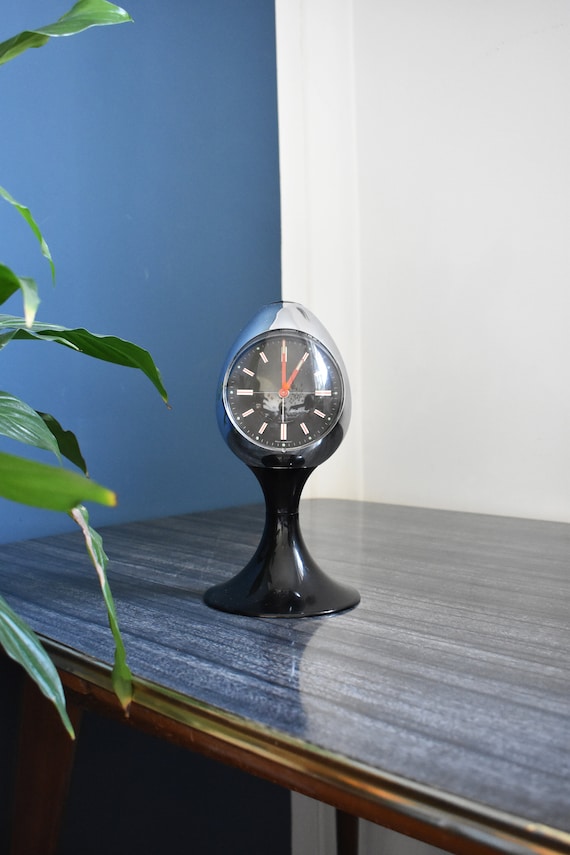 Vintage Blessing Space Age Alarm Clock: Black Chrome Pedestal, 70s