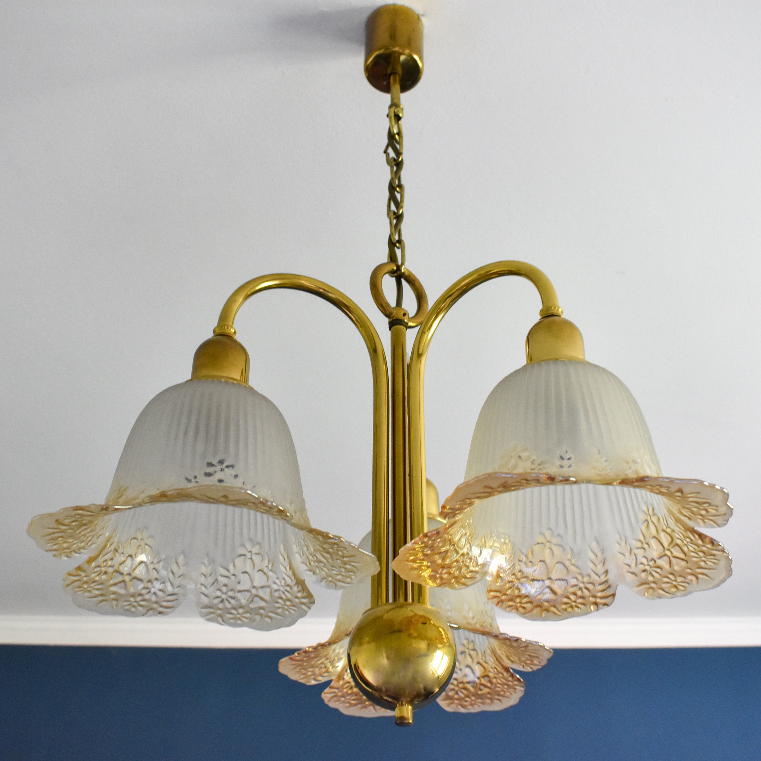 Midcentury Sische Brass & Glass Flower Chandelier / Made in Germany in the 60s