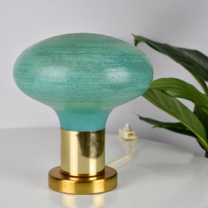 Vintage Mushroom Mid Century Table Lamp in Textured Mint Green Glass with Golden Base made in Germany in the 60s