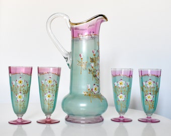 Antique Art Nouveau Jug and Four Glasses Set with Hand-Painted Enamel Flowers in Blue and Pink Colors, Made in the Early Twentieth Century