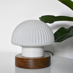 Mid Century Mushroom Lamp: Cased Glass & Wood Base, Scandinavian Style