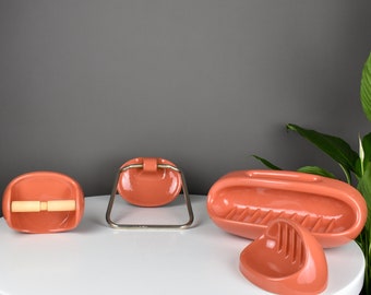 Vintage 60s Bathroom Ceramic Set / Vintage Toilet Paper Holder, Towel Holder, Small and Large Soap Holder in Coral Color