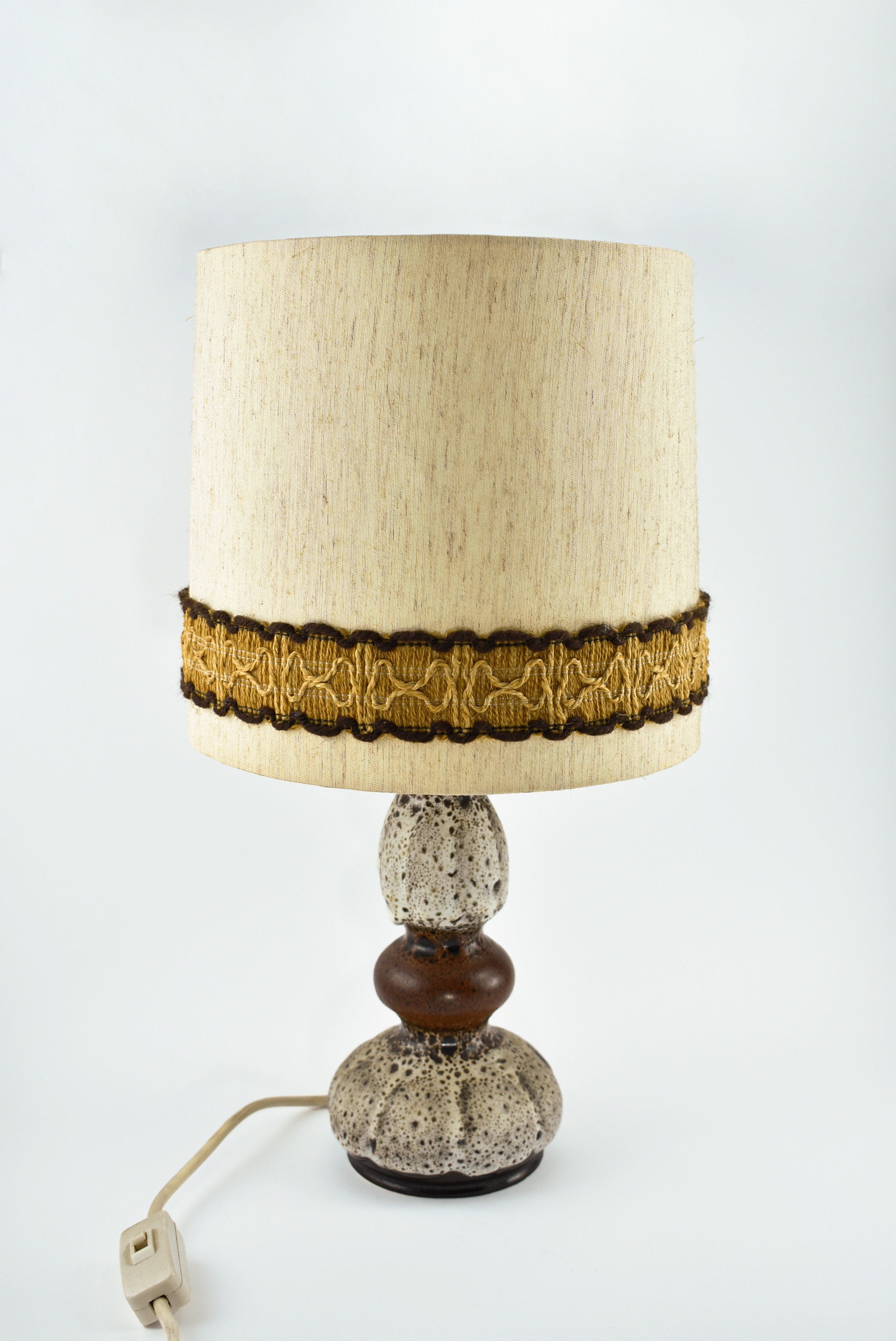 West German Fat Lava Ceramic Table Lamp With Original Shade - 70s