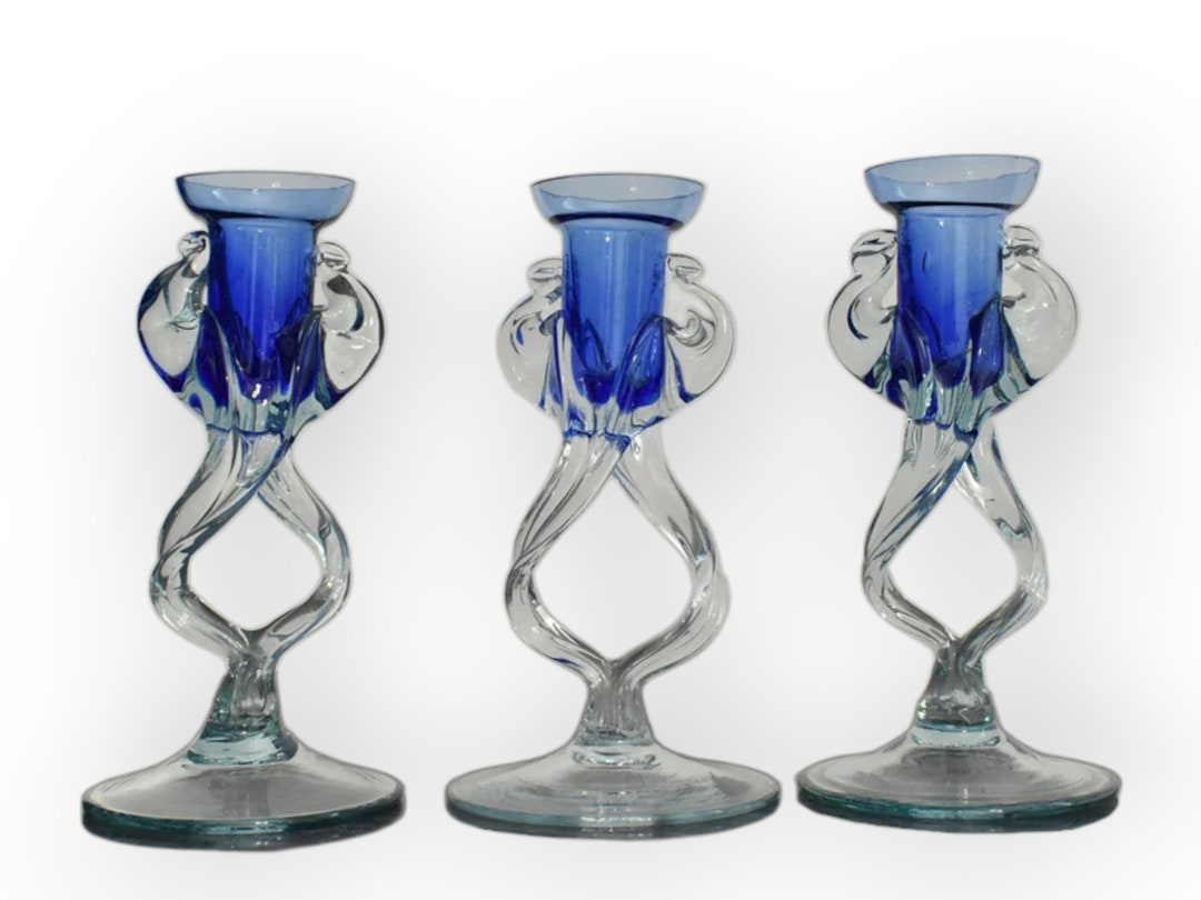 Set of Three Blown Glass Candle Holders / Jozefina Krosno / Deco Glass