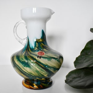 Vintage Opaline Glass Pitcher by VB Opaline Florence / Italian Glass Jug / Green and Orange Swirl Glass / Opaline Glass Pitcher / Italy 70s