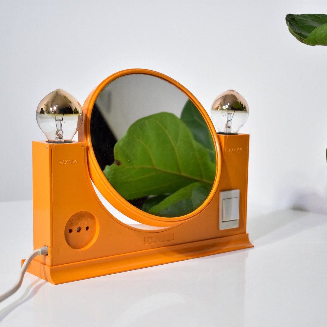 Vintage Orange Plastic Desk Mirror / Illuminated Vanity Mirror / Space