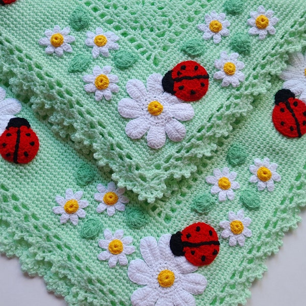 Crochet Baby Blanket Ladybug Daisy Flowers