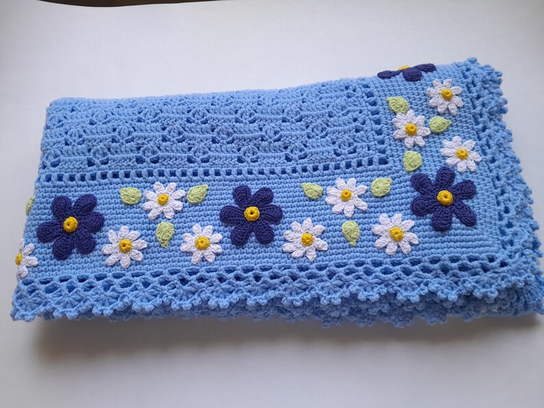 Blue Crochet Baby Blanket Daisy Floral Applique Etsy