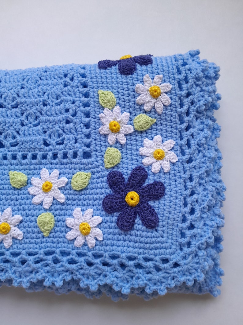 Blue Crochet Baby Blanket Daisy Floral Applique Etsy