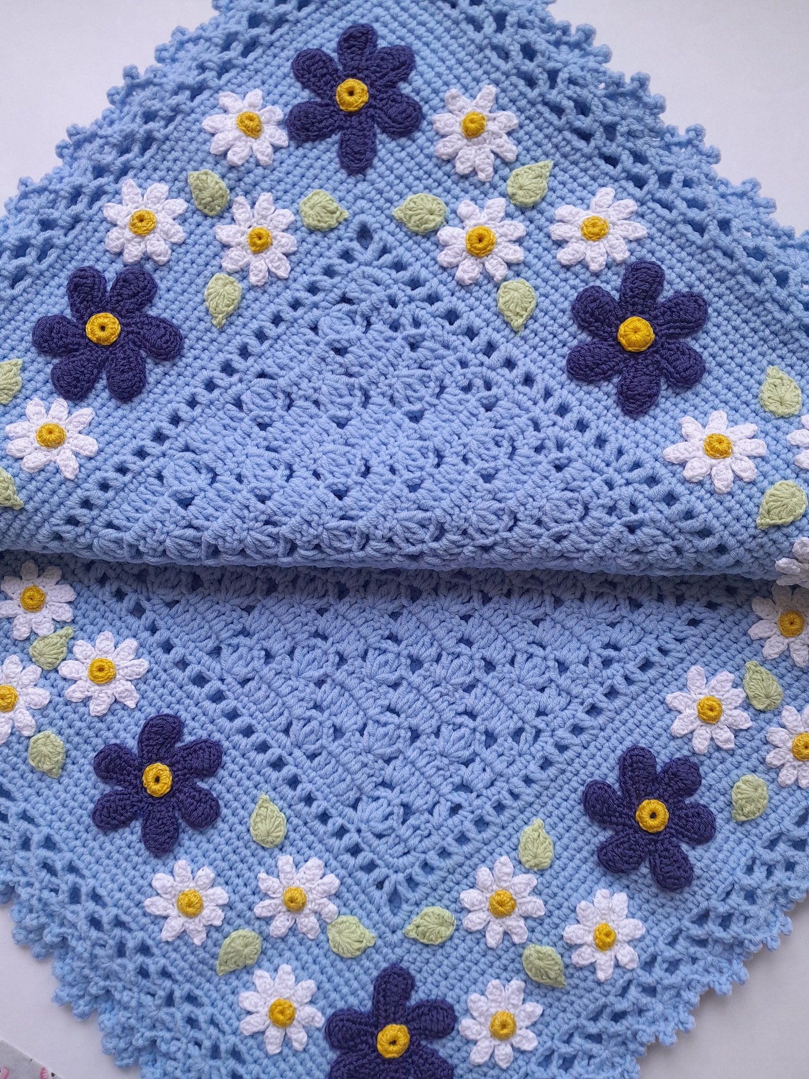 Blue Crochet Baby Blanket Daisy Floral Applique Etsy