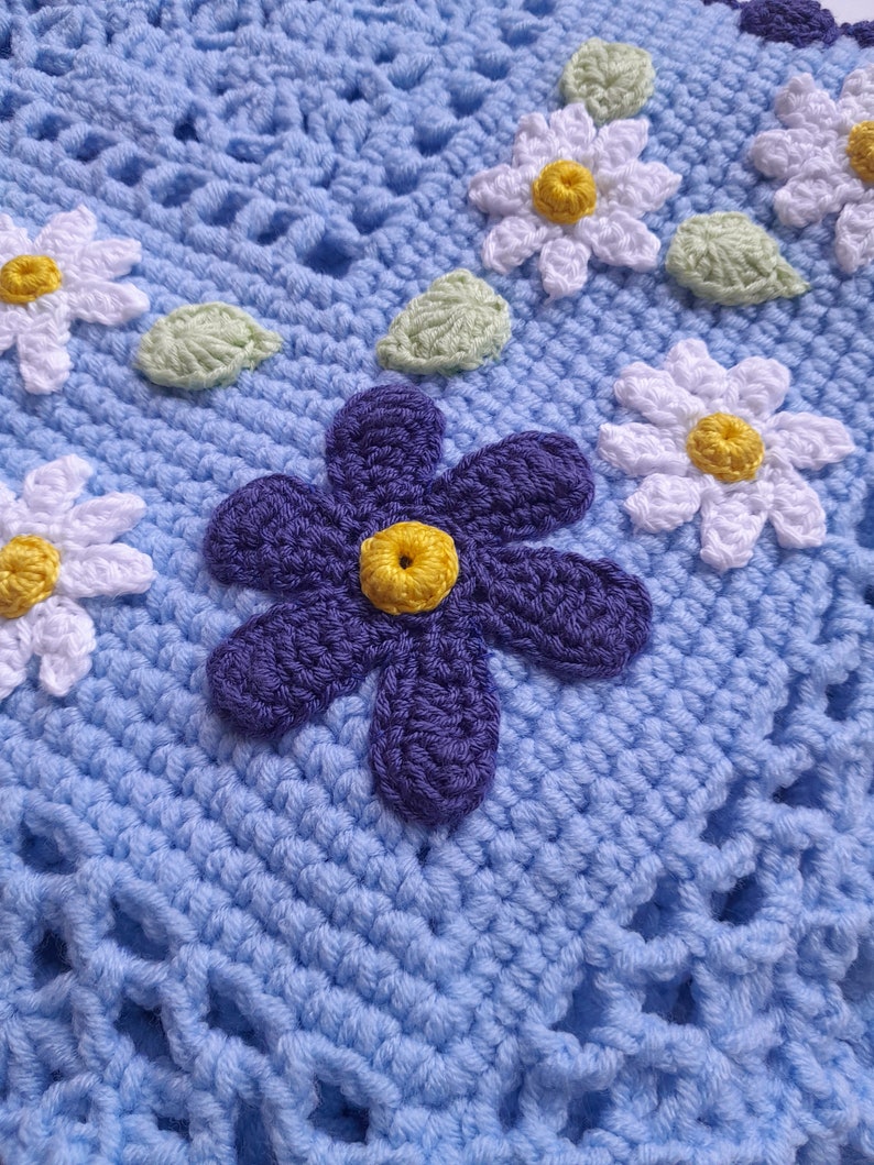 Blue Crochet Baby Blanket Daisy Floral Applique Etsy