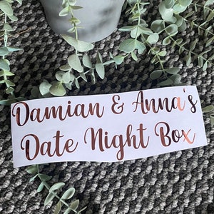 Date Night Box vinyl sticker label Valentines gift wooden crate plastic box gift box personalised for him for her couples