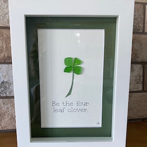 Beach glass picture, four leaf clover, 6x8&quot;, one of a kind, 4-leaf clover, gift for a unique individual, matted frame, glass protected