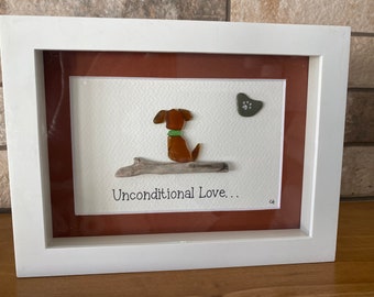Beach Glass Dog Picture: &quot;Unconditional Love&quot; Engraved Stone Art