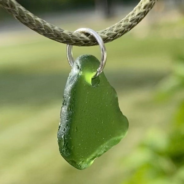 Beach Glass Necklace, Authentic tumbled Green Beach Glass, Erie Pa Beaches, Green cotton waxed cord, 18" cord with ext, pendant, gift