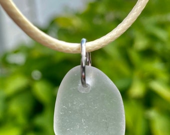 Beach Glass Necklace, Authentic tumbled white glass, Erie PA beaches, cream colored cotton waxed cord, 18" cord with 2" extension, pendant