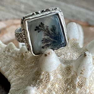 Unique Natural Dendritic Agate Square Ring. Size 6 Petite Ring, Boho Agate Ring, Womens artisan silver and gemstone ring,black and silver