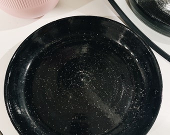 Black speckled handmade ceramic serving plate