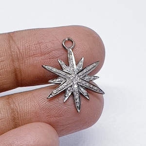 Pave Diamond Starburst Charm Pendant, 925 Silver Diamond Star Charm, Handmade Diamond Jewelry Making Supplies, Diamond Jewelry Findings.