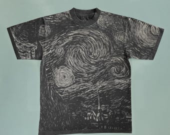 Van Gogh Starry Night Bleached T-shirt: Handmade Faded Black Cotton