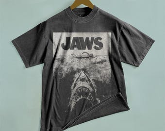 Handgemaakt JAWS-gebleekt T-shirt: vervaagd zwart katoen, vintage film-T-shirt