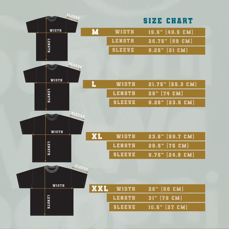 May include: Black t-shirt size chart with measurements in inches and centimeters. Sizes include M, L, XL, and XXL. The chart displays width, length, and sleeve measurements for each size, with the largest size having a 26-inch width.