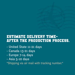 May include: Text on a teal background reads "ESTIMATE DELIVERY TIME - AFTER THE PRODUCTION PROCESS." Below, it lists estimated delivery times for the United States (11-21 days), Canada (13-21 days), Europe (7-14 days), and Asia (5-10 days).
