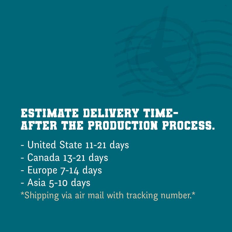 May include: Text on a teal background reads "ESTIMATE DELIVERY TIME - AFTER THE PRODUCTION PROCESS." Below, it lists estimated delivery times for the United States (11-21 days), Canada (13-21 days), Europe (7-14 days), and Asia (5-10 days).