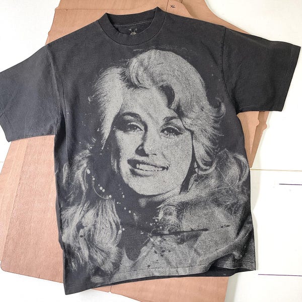 Dolly Parton Handmade Bleached T-Shirt: Spray art Faded Black Cotton Unisex Tee