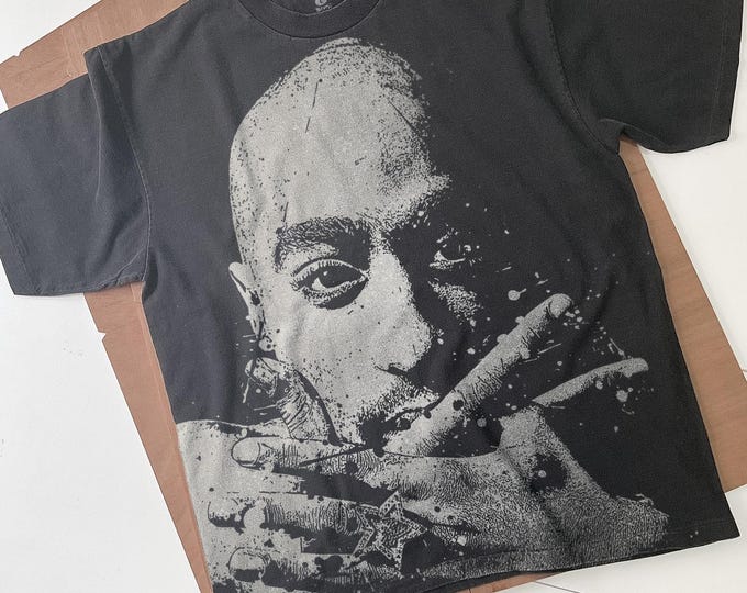 Tupac Bleached T-Shirt: Handmade Faded Black Cotton Unisex Tee