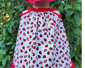 Girl Dress/Pinafore dress/Baby outfit/Girl dress/Summer dress/Ladybug dress/Custom dress/Baby gift/Dress for beach/Bloomers/Hat/Size 0m-4y