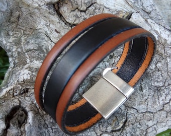 Bracelet homme cuir noir et camel - fermoir aimanté zamac / Black and camel leather bracelet man - zamak magnetic clisp