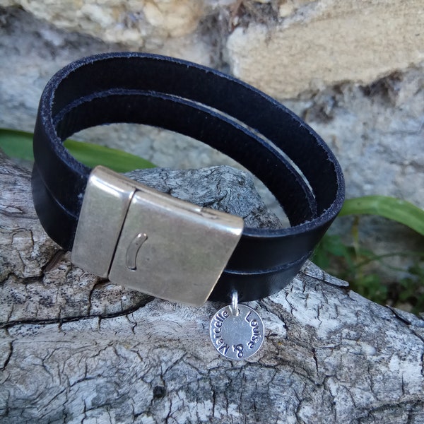 Bracelet homme cuir noir - Fermoir aimanté zamac / Black leather man bracelet - zamac magnetic clisp / Bracciale uomo in pelle nera