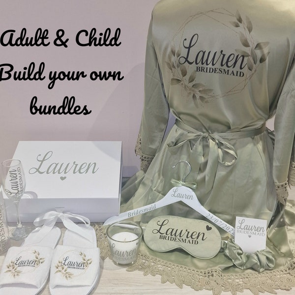 Bridal gift set, Bridesmaid Box, Bridesmaid gifts. Build your own bundle, personalised robes. Flower Girl, Bride, First Holy Communion, Prom