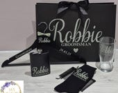 Groomsmen, Groom, Best Man Wedding gift sets. Personalised bag, hip flask, glass, hanger & socks. Father of Bride, father of Groom
