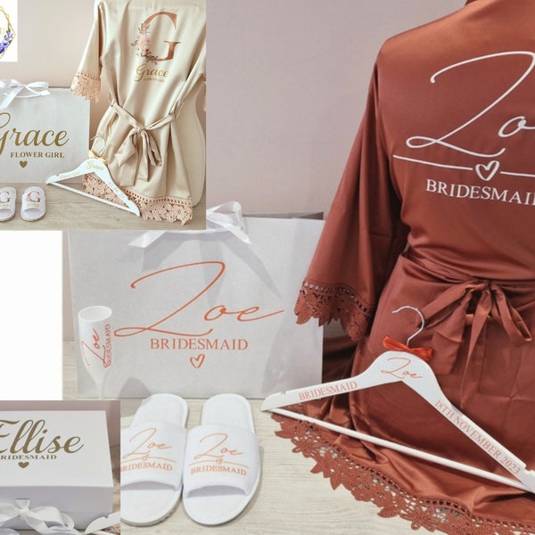 Burnt Orange Bridal gift set, Bridesmaid Box, Bridesmaid Gift, Personalised bag, hanger, glass, slippers & robe. Flower Girl, Maid of Honour