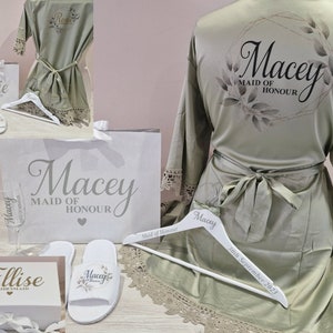 Sage Bridal gift set, Bridesmaid Box, Bridesmaid Gift, Personalised bag, hanger, glass, slippers & robe. Flower Girl, Maid of Honour, Bride