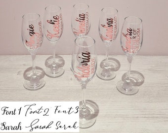 Personalised Champagne Glass Flute. Any name & role. Perfect for Bride, Bridesmaid, Maid of Honour, Mother of the Bride, Weddings, Birthdays