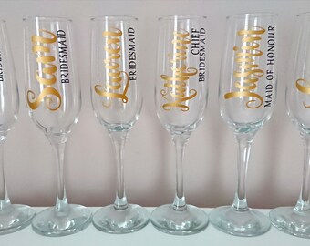 Personalised Champagne Glass Flute. Any name & role. Perfect for Bride, Bridesmaid, Maid of Honour, Mother of the Bride, Weddings, Birthdays