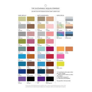 Colour chart showing available colours and finishes for 20% recycled plastic sequins.