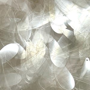 Op de afbeelding: Een close-up van een verzameling heldere, druppelvormige pailletten. De pailletten zijn geregen met dunne, transparante draad, waardoor een glinsterend, gestructureerd effect ontstaat. Het licht reflecteert op de pailletten en creëert highlights en schaduwen.