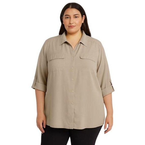 Women’s Plus Size Taupe Button-Front Utility Blou… - image 1
