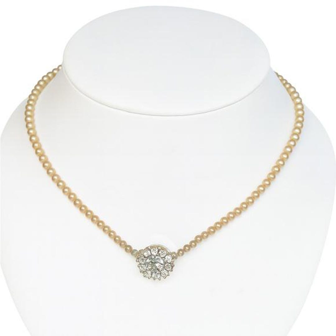 Collier Vintage Maille Américaine Avec Perles Et Strass - Occasion - Style Rétro