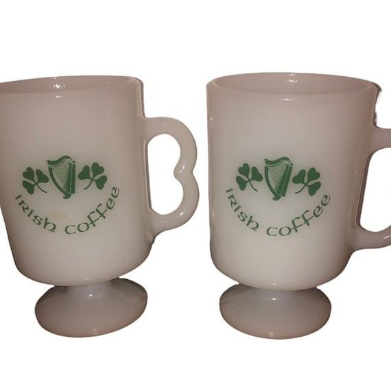 Vintage Milk Glass Irish Coffee Pedestal B Handle Mugs 