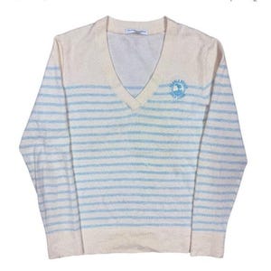 100% Cashmere Pebble Beach Blue and White Striped V Neck Golf Sweater Ladies L