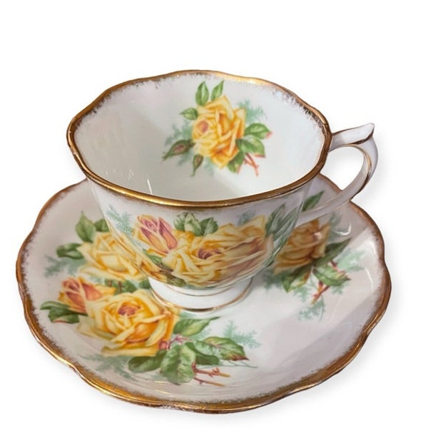 Vintage Royal Albert Bone China Tea Rose Cup and Sauce Yellow Roses Gold Trim