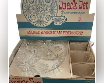 Vintage 60s Anchor Hocking Glass Snack Set 8 Pieces with Display Box
